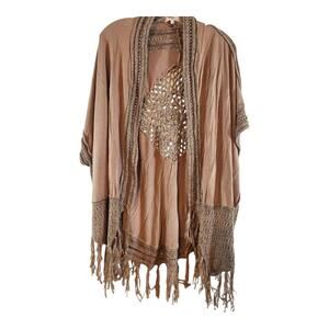 Umgee women open front cardigan sz. sm/med brown boho fringe crochet